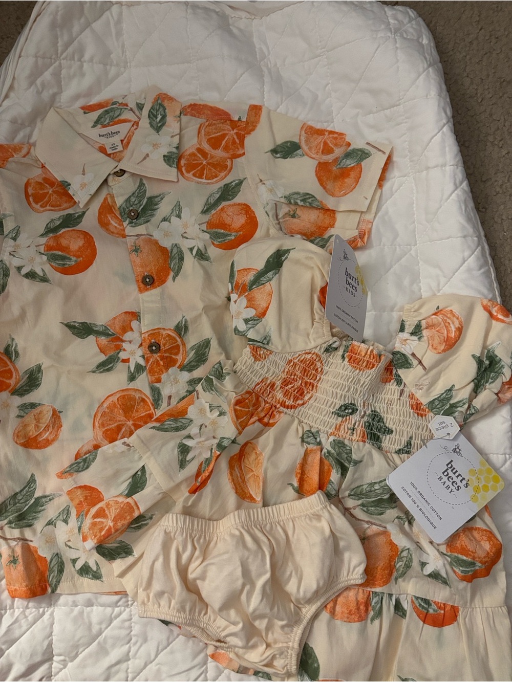 Burt's Bees Baby Cream and Orange Citrus Print Matching Set